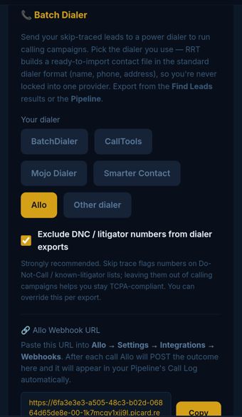 Batch dialer export